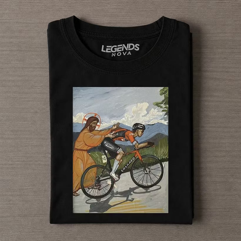 Jesus Gives Tadej Pogačar A Push Vintage Cycling Art Funny Tee